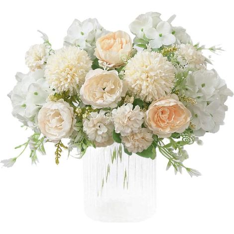 Deux bouquets de pivoines artificielles en soie brodée, ornés d'œillets en plastique, composition florale réaliste pour la décoration de table.