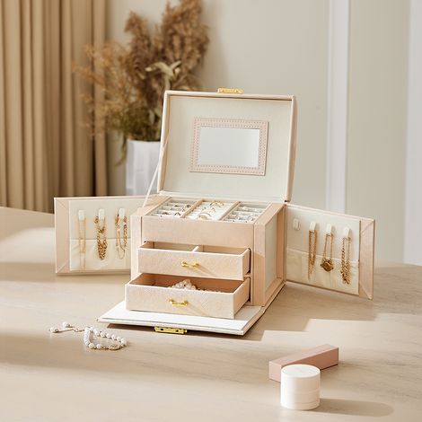 Pink Large Multi Tier Faux Leather Jewellery Storage Box