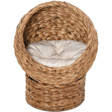 Niche et igloo pour chat-Panier en rotin naturel-Lit avec coussin doux-Grotte confortable-50x42x60cm (1/5)