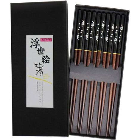 Baguettes - Bois Naturel - 5 Paires - 22,5 Cm - Coffret Cadeau Noir - Réutilisables