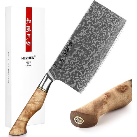 Damas Couperets-Forgé Acier Damas Boucher Couteau à Hachoir-Couteau de Chef Chinois-Manche en Bois de Sycomore Figuré (1/5)