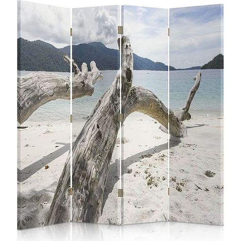 Paravent Décoratif Arbre et Plage Tropicaux pour Intérieur - 145 x 150 cm - 2 faces R° V°