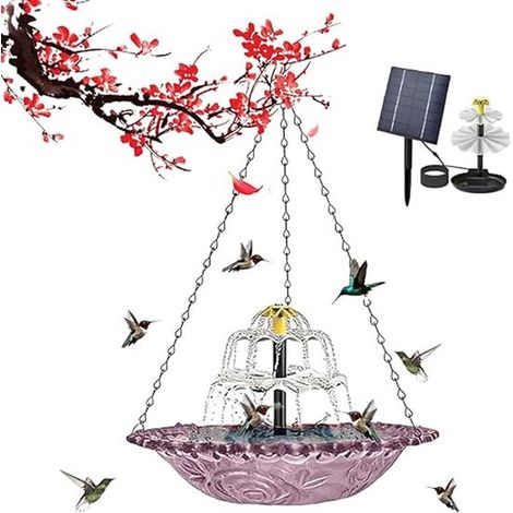 Abreuvoir suspendu pour oiseaux avec fontaine solaire. Abreuvoir solaire. Montage facile. Chaîne de suspension incluse. Décoration de jardin pour oiseaux. (1/5)
