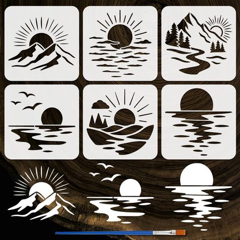 6Styles Pochoirs Soleil Montagnes et Mers avec Pinceau 20x20cm Pochoirs Lever Soleil Pochoir Coucher Soleils Modèle Nuages Oiseaux Modèle PET Thèmes Nature Pochoir pour Décor Murale (1/5)