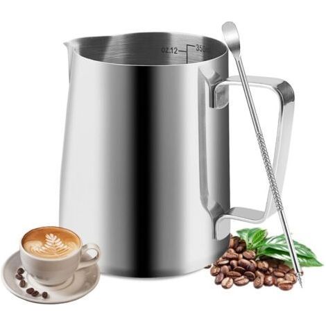 Pot à Lait, 350ml Mousseur à Lait, Pichet Lait Inox avec Échelle, Aiguille pour Latte Art Incluse, Adapté aux Baristas pour la Préparation de Cappuccino, Espresso et Latte (Argent) (1/5)