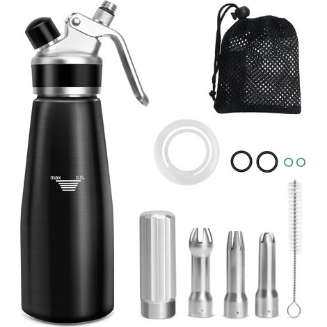 Siphon, 500 ml Siphon for Mousses and Creams, Decorating Cakes and Desserts, Aluminium Cream Syphon with 3 Stainless Steel Nozzles, Mesh Bag, Cleaning Brush (1/5)