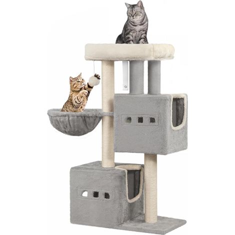 Hzuaneri Albero per gatti, torre gioco 75 cm, piattaforma ampia, grigio chiaro Arredo per casa per gatti con 2 nicchie, tiragraffi in sisal, amaca, MS07618LG (1/5)