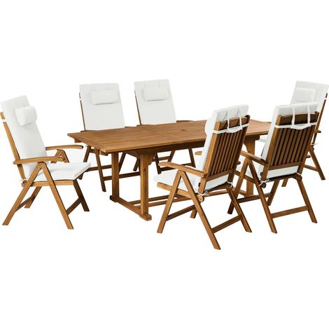 Conjunto de comedor exterior 6 plazas de madera de acacia sillas plegables con cojines blanco crema Java Premium