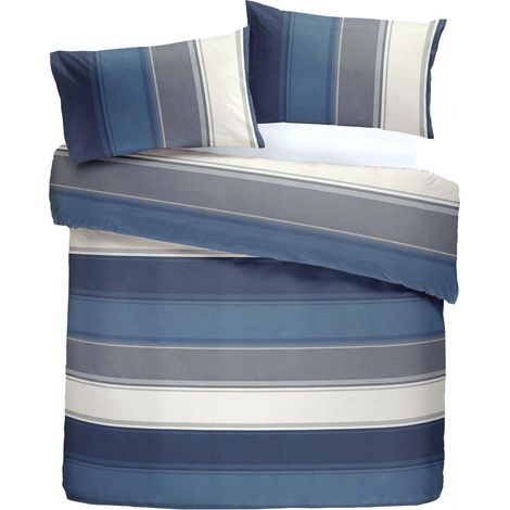 Housse de Couette à Larges Rayures Bleues 200 x 200 cm 2 taies d'oreiller Housse de Couette à Rayures contemporaines en Bleu Parure de lit doublée Bleue Parure de Couette (1/5)