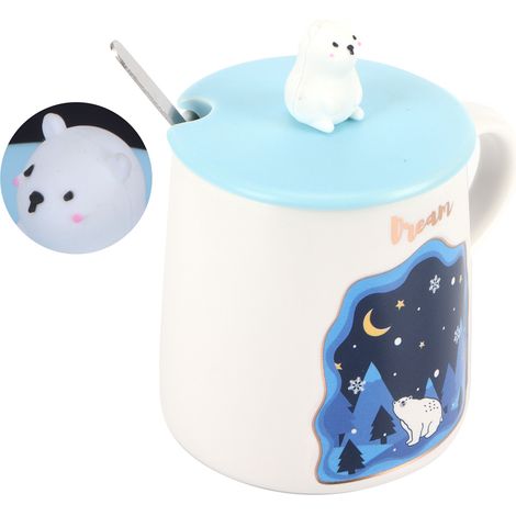 Tasse mit Tierprägung, niedliche Cartoon-Tasse mit Deckel und Löffel, Geschenkidee für Paare zum Kaffeetrinken. (1/5)