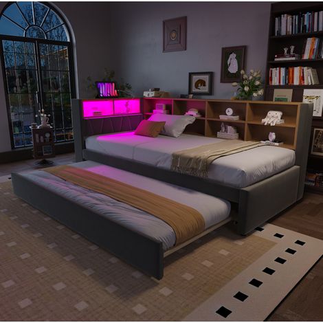 CHICFURN Sofá cama 90x200 cm con cama nido 90x190 cm, LED, almacenaje, gris oscuro (1/5)