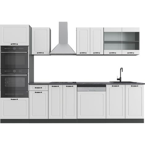 Mueble de cocina R-Line, Casa de campo blanca/antracita, 300 cm con armario alto, ET Antracita, Vicco