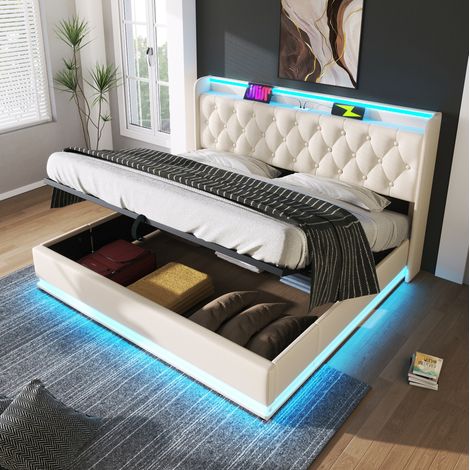 Lit coffre 180x200 avec LED 360° et USB-C en PU blanc HAVRYA (1/5)