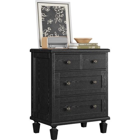 Commode Vintage 4 tiroirs en Bois Massif, Style mi-siècle, poignées sculptées, Pieds fuselés, Robuste pour Chambre, Finition élégante – Couleur : frêne Noir