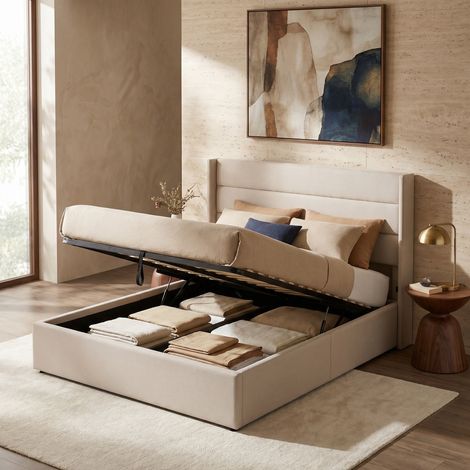 Letto matrimoniale contenitore 160x200 cm con rete sollevabile idraulica, testiera ergonomica, tessuto lino beige
