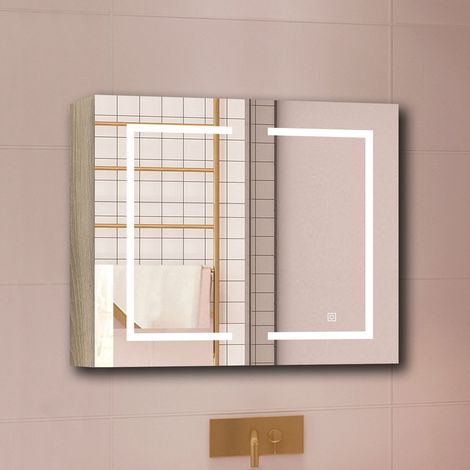 Biubiubath Armoire avec miroir LED de Salle de Bain Murale, 80x70cm avec Prise Rasoir, Anti-Buée, Tricolore LED, 2 Étagères Réglables, Chêne (1/5)