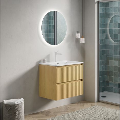 Badmöbel 61 cm mit weißem rechteckigem Keramikwaschbecken und 2 Schubladen in Holzoptik (1/5)