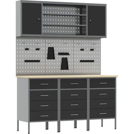 Banco da lavoro con blocco 7 pcs Nero 150 x 55 x 200 cm Acciaio vidaXL