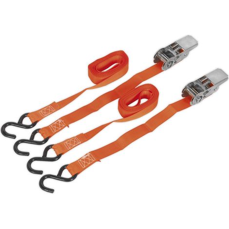 Sealey Ratchet Straps Polyester Webbing with S-Hooks 25mm x 4m 500kg Breaking Strength - Pair TD0540S2