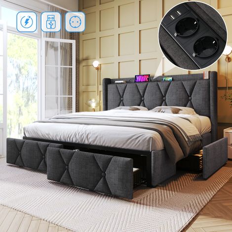 Lit superposé 140x200 cm. USB sommet, 4 tiroirs, cadre bois. Gris, avec matelas. (1/5)