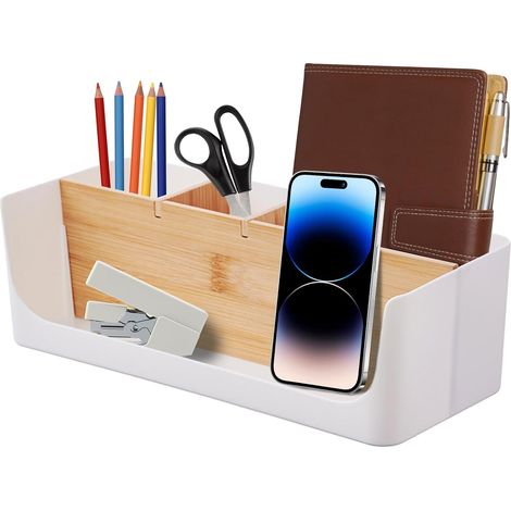 Desk organizer and pen holder, Multifunctional plastic storage, Makeup organizer, Cosmetic box, Desk storage box, Pen organizer (White) (1/5)