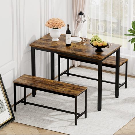 Set tavolo da pranzo industriale con 2 panche 110 x 60 x 75 cm nero e marrone rustico (1/5)