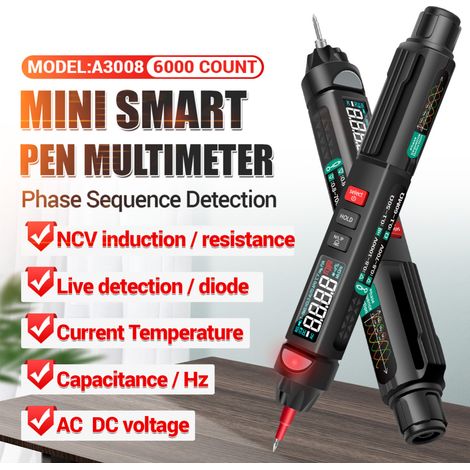 Multimetro A3008, 6000 conteggi, schermo LCD retroilluminato, spegnimento automatico, NCV