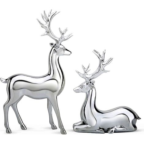 Paire de Statuettes Cerfs Décoration Intérieure Résine Argentée Style Européen Électroplaqué Brillant Design Raffiné pour Bureau (1/5)