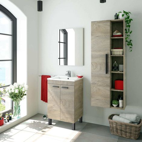 Armoire à colonnes, armoire de salle de bain 1 porte, armoire murale suspendue avec 5 étagères, 51x25h135 cm, chêne (1/5)