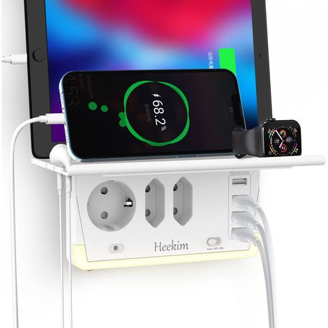 Multiprise Murale avec Veilleuse et Support avec 3 Prises et 4 Ports USB pour la Cuisine, Salle de Bains, Chambre à Coucher, Protection Contre Les Surtensions (3 Prises) (1/5)