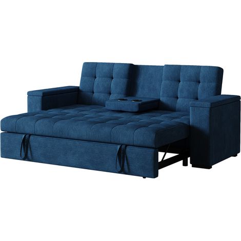 Concept-Usine – Canapé convertible 3 places bleu velours côtelé – Structure en bois massif – Garnissage mousse 50 kg/m3 – Dimensions couchage 162 x 160 cm