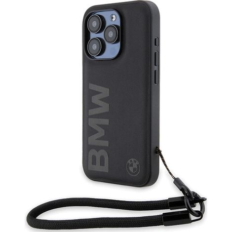 Coque rigide noire BMW BMHCP15X23RMRLK pour iPhone 15 Pro Max 6,7 pouces, en cuir avec logo et cordon. (1/5)