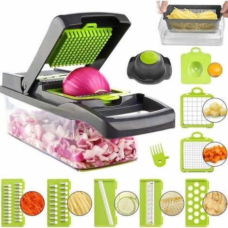 Coupe-légumes de cuisine multifonction 12 en 1, 7 hachoirs remplaçables en acier inoxydable avec séparateur d'œufs, protège-main parfait pour couper les fruits.- (1/4)
