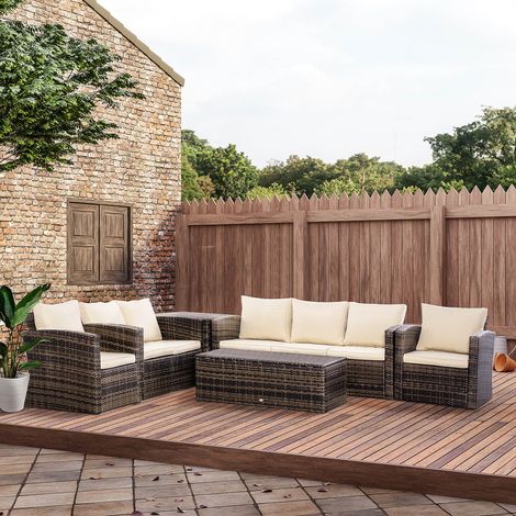 Conjunto de Jardín Exterior de Ratán 6 Piezas Cojines Sofá Doble Sofá 3 Plazas 2 Sillones 2 Mesas Auxiliares Caqui (1/5)