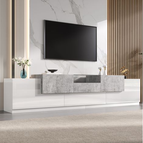 Mobile TV 200 cm bianco effetto cemento, 4 ante, cassetto centrale, vetro temperato (1/5)