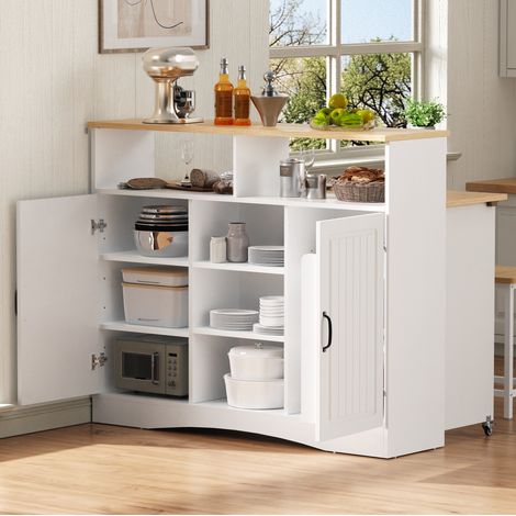 Îlot de cuisine 110/34-68/97,5 cm blanc avec plateau rabattable et 2 tabourets (1/5)