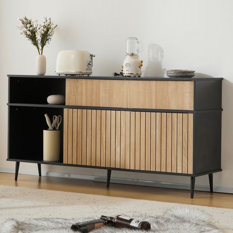 Commode 4 portes coulissantes et 1 tiroir, chêne et noir, dimensions 160 L x 40 P x 80 H, meuble de rangement moderne (1/5)