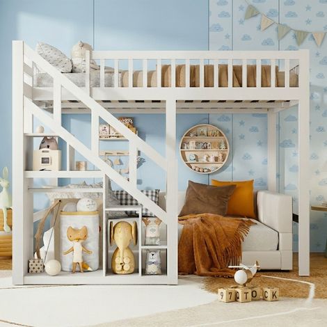 Lit Mezzanine Enfant 90x200 cm, Lit Superposé Multifonctionnel avec Escalier de Rangement et Barrière de Sécurité, Petite Armoire, Bois Massif Blanc, pour Garçon et Fille