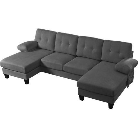 Canapé d'angle U 4 places en tissu gris, avec double méridienne réversible, poches latérales, accoudoirs amovibles et dossier capitonné, pour salon et bureau – CHICFURN (1/5)