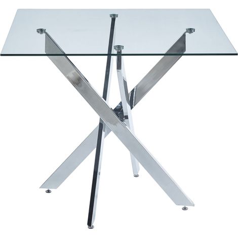Table à manger 80 x 80 x 75 cm table de salle à manger en verre trempé piètement métal en croix pieds chrome argentés forme carrée (1/5)