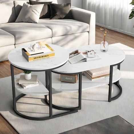 Schwarzer Couchtisch - Set aus 2 runden und ovalen Couchtischen - Stapelbarer Couchtisch - Holz-Marmor-Unterstützung und Metallbeine - Moderner Stil