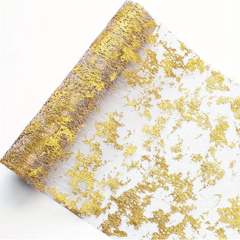 Chemin De Table Filet avec Feuille d'or,28cmx10m Chemin De Table Polyester,Ruban De Table Métallisé Décoration pour Fête,Célébrations,Anniversaire, Mariage, Noël, Fêtes De Bébé,DIY,etc. (1/5)