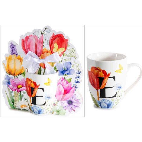 Mugs en porcelaine imprimé floral et initiale E, coffret cadeau façonné avec nœud, lot de 3, Mug : diam. 8 x H. 10,5 cm