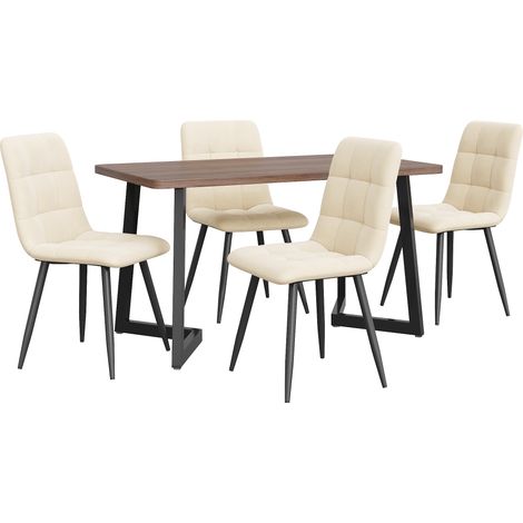 Ensemble repas 5 pièces moderne avec table à plateau MDF noyer et 4 chaises en velours beige à pieds métal noirs (1/5)