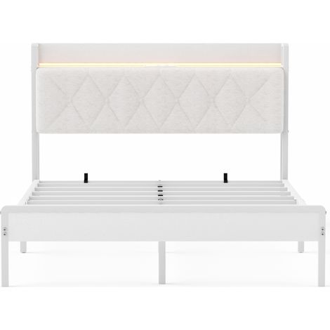 Cama doble 140 x 190 cm con cabecero tapizado, LED, USB y enchufes, blanca (1/5)