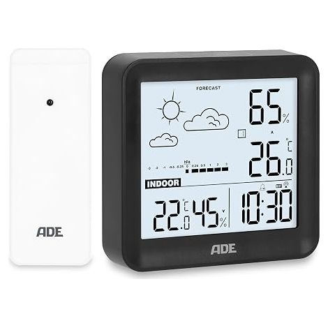 Small Digital Weather Station with Outdoor Sensor and Weather Forecast Indoor and Outdoor Temperature Air Humidity Radio Controlled Clock with Alarm Clock Batteries Included Black (1/5)