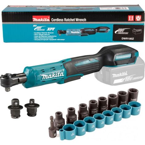 Makita DWR180Z 18v LXT Ratchet Wrench 1/4"" Or 3/8"" Square Drive + 9Pc Socket Set (1/4)
