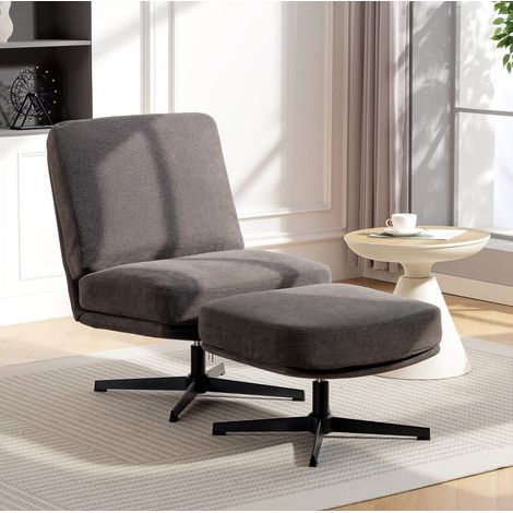 Fauteuil avec repose-pieds 68x50 cm gris foncé en métal et tissu effet lin pivotant 360° (1/3)