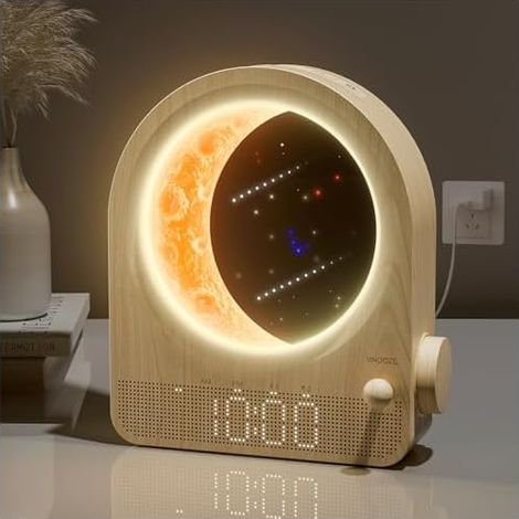Lampe lune avec réveil à lumière du jour, 2 réveils, 10 sons naturels, veilleuse, lampe de chevet à 3 niveaux, ambiance pour chambre à coucher, salon (1/5)