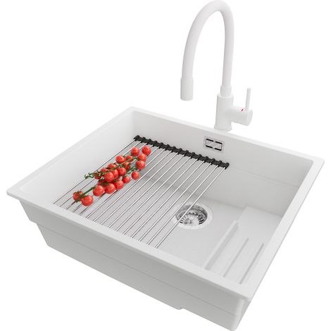 PRIMAGRAN Evier Cuisine en Granit 56x47cm, Lavabo 1 bac + Robinet 38x14cm + Kit de Vidage + Accessoire, Évier à Encastrer au meuble 60cm - Prague Slim, Blanc (1/5)